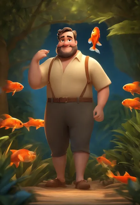 movie picture quality，style of disney animation，Disney animated films，A fat uncle swims in the sea with a koi in his arms，short detailed hair，Denim suspenders，The barefoot，depth of fields，high light，Real light，Ray traching，oc rendered，Hyper-realistic，best ...