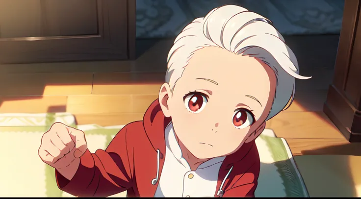 masterpiece, best quality, (1little boy), (baby son), (solo), (white hair), (short hair parted fringe forehead), red eyes, (Onesie), (red bears onesie), hands up, indoors, looks up at viewer, SHINKAI MAKOTO