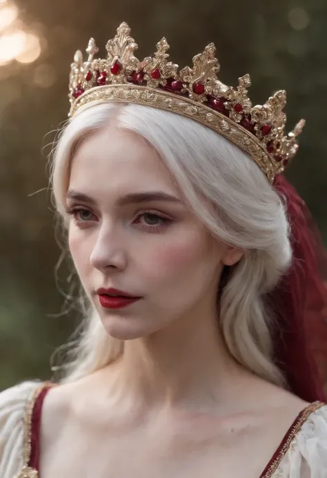 (((a deep reddish wound crosses her left cheek))) fair complexion, woman around 19 years old, white hair, stand with her crown looking at viewer full body