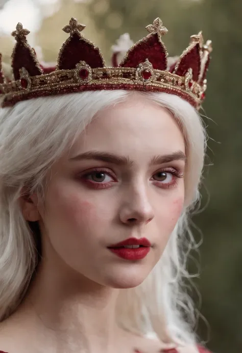 (((a deep reddish wound crosses her left cheek))) fair complexion, woman around 19 years old, white hair, stand with her crown looking at viewer full body