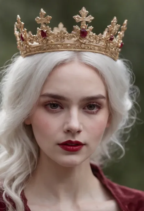 (((a deep reddish wound crosses her left cheek))) fair complexion, woman around 19 years old, white hair, stand with her crown looking at viewer full body