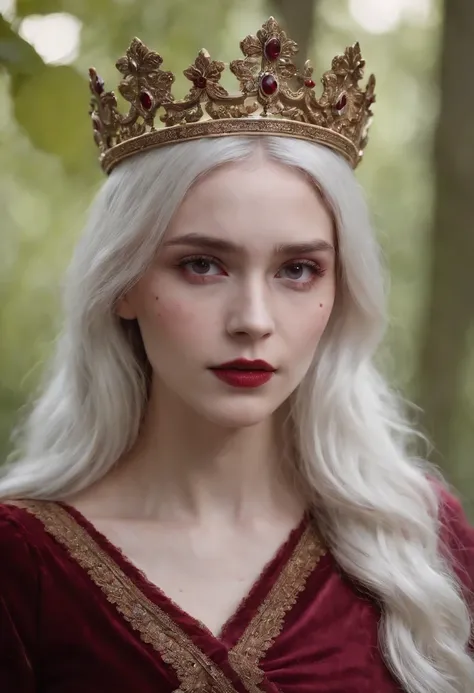 (((a deep reddish wound crosses her left cheek))) fair complexion, woman around 19 years old, white hair, stand with her crown looking at viewer full body