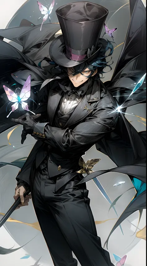 Man wearing a long top hat and a black suit and holds a cane with a hidden blade with crystal butterflys circling him, anime style, smiling, scary