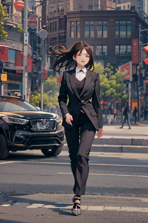 Girl rushing to work in Shanghai，HD details，Wearing a black suit suit，black heels。