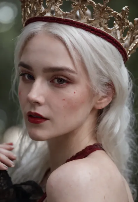 (((a deep reddish wound crosses her left cheek))) fair complexion, woman around 19 years old, white hair, stand with her crown looking at viewer