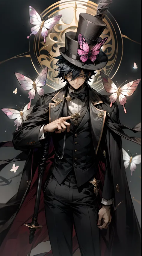 Man wearing a long top hat and a black suit and holds a cane with a hidden blade with crystal butterflys circling him, anime style, smiling, scary