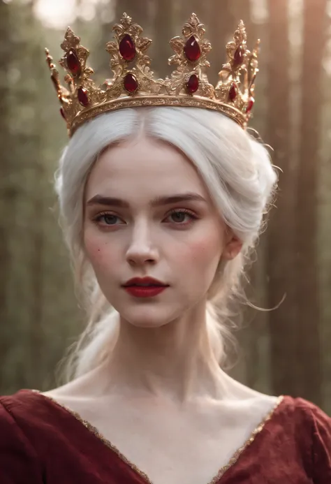 (((a deep reddish wound crosses her left cheek))) fair complexion, woman around 19 years old, white hair, stand with her crown looking at viewer