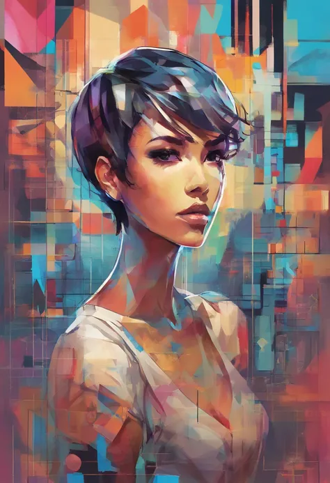 (short hair girl ),(Best posture),(best angle), (Better expression), Eduardo Kobra Acorjo Amento ,Multidimensional geometric wall portrait, Artistically, tchibi,yang08k, big breasts beautiful, coloring