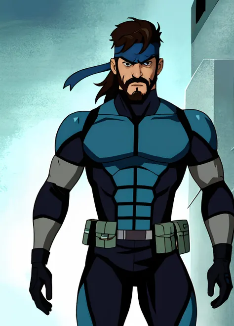 masterpiece, best quality, solid snake, facial hair, blue bodysuit, gloves, headband, cowboy shot, looking at viewer, furrowed brow, ben10af