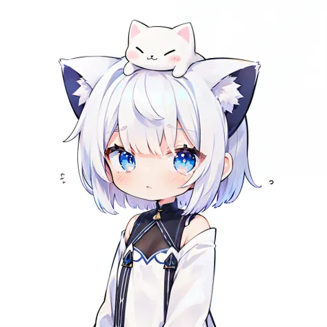 Flat avatar, 1girll, with short white hair,There is a pair of cat ears on the head，with a simple background, full bodyesbian, tchibi, White dress，Blue eyes