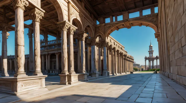 Visualize the exterior of the Timeless Library, a grand and ancient structure that seems to blend seamlessly with its surroundings.