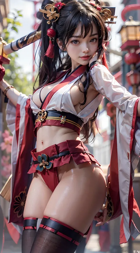 ((japanese miko costume)), shrines, Smiling smile, (The FW), 1womanl, 独奏, 24 year old, 7headed body, (Ideal ratio body proportions), (Composition from head to thigh), erectile nipple, Sexy body, Wet, short-hair, Dark hair, small tits, A slender, Small butt...