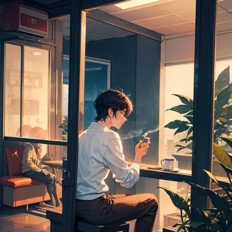 1980s, Inside the store at dusk, 20-year-old boy sitting in a seat, longsl-sleeves sweater, Looking out the window, (posterior view), Cold season with fluttering dead leaves, Hot coffee, Cigarette smoke, back-view