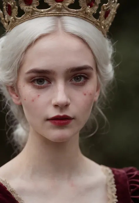 A young Victorian girl, (((a deep reddish wound crosses her left cheek))) fair complexion, woman around 19 years old, white hair, stand with her crown looking at viewer