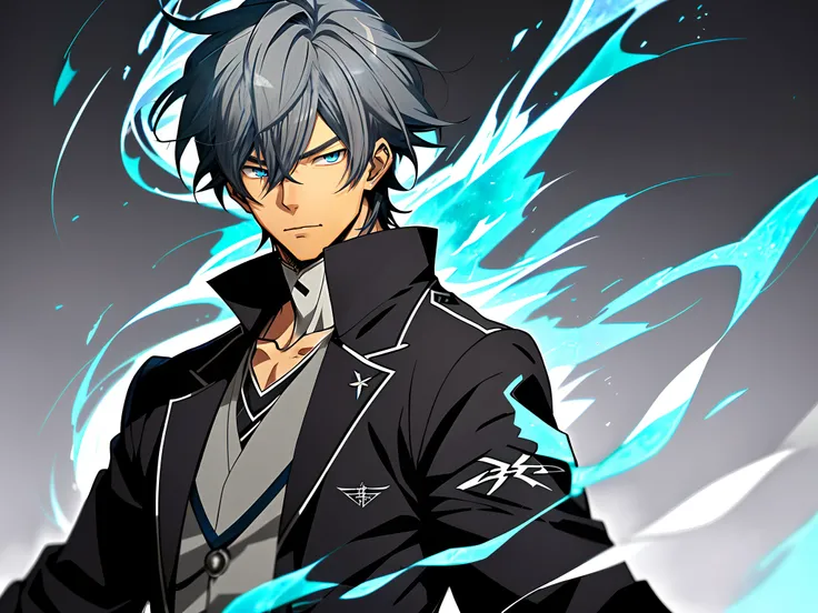 An anime image of a man with silver-gray hair wearing a black jacket and blue flame,blue color eyes， Shinkai sincerely, New Xiangcheng, Honest, ryuta ueda artwork, offcial art, Anime handsome man,