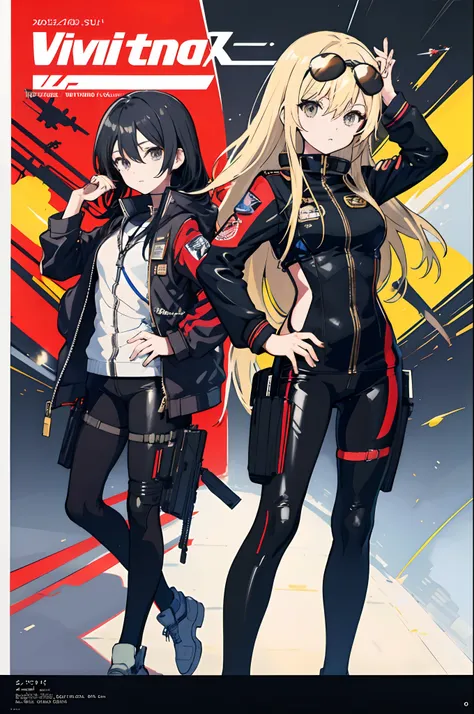 anime girls, 2 girls, black hair, blonde hair,flight suits, aviator sunglasses, in a magazine, fighter pilot uniform.