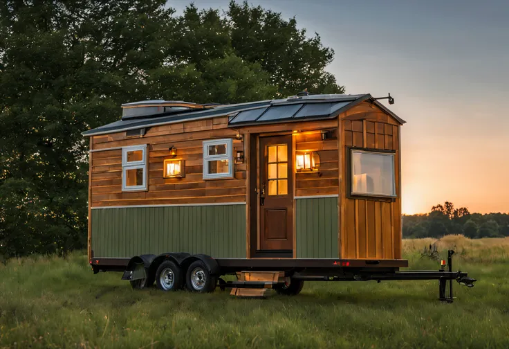 a close up of a tiny house on a trailer in a field, tiny house, designed for a cozy aesthetic!, wide angle exterior, wide exterior shot, full front view, very wide view, sunset view, 3/4 front view Neo-gypsy caravan, wide 3/4 plan, wide front view