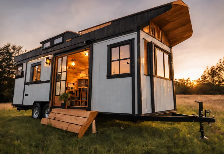 a close up of a tiny house on a trailer in a field, tiny house, designed for a cozy aesthetic!, wide angle exterior, wide exterior shot, full front view, very wide view, sunset view, 3/4 front view Neo-gypsy caravan, wide 3/4 plan, wide front view