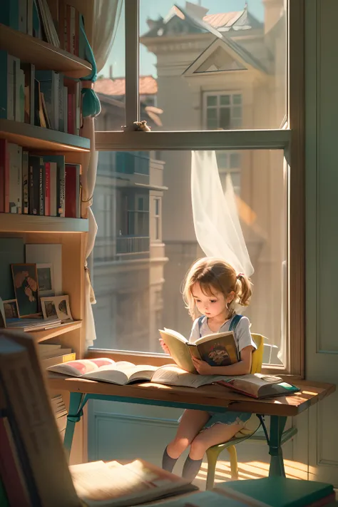 5-year-old girl reading a book, MAC ON DESK, bookshelves, Sunlight outside the window,.