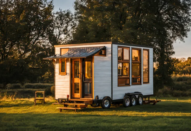 a close up of a tiny house on a trailer in a field, tiny house, designed for a cozy aesthetic!, wide angle exterior, wide exterior shot, full front view, very wide view, sunset view, 3/4 front view Neo-gypsy caravan, wide 3/4 plan, wide front view