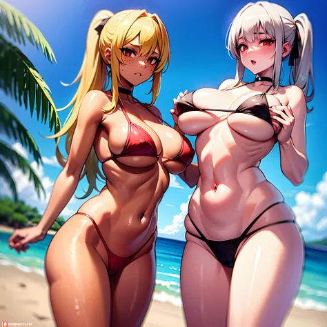 2 girls in the beach, 1 blonde with one side ponytail red eyes freckles choker large breasts small waist red thong red bikini, 1 ginger with long hair green eyes huge breasts small waist green bikini green thong and tanned skin, squeezing their boobs toget...