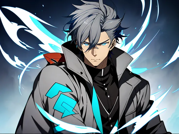 An anime image of a man with silver-gray hair wearing a black jacket and blue flame,blue color eyes， Shinkai sincerely, New Xiangcheng, Honest, ryuta ueda artwork, offcial art, Anime handsome man,