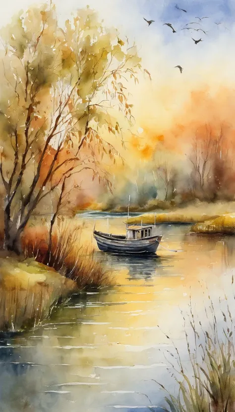 landscape, fishing boat, Willow, Flying geese