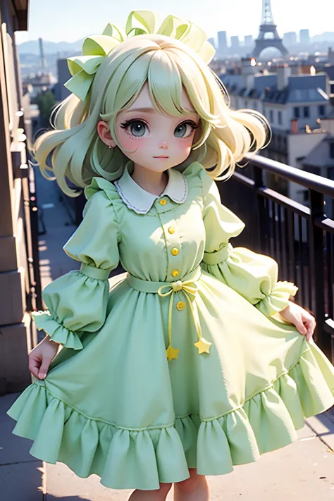 girl in princess long lime green dress, cute amile
, cute ribbons, paris city street with nice view background