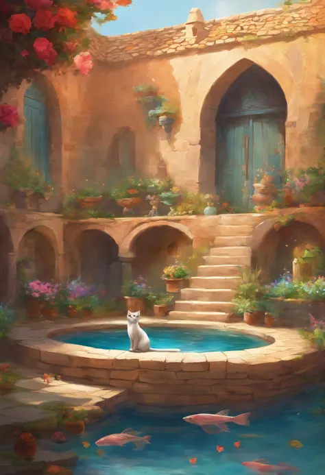 a courtyard in an old Iranian house with mudbrick walls. The house could be made of mudbrick, with a thatched roof In the center of the courtyard is a circular pool of water. On the walls of the pool are small pots of flowers. The flowers in the pots are i...