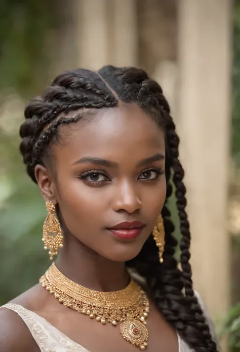 beautiful woman,african beauty,detailed eyes,detailed face,full lips,earrings,hair accessory,braided hair,traditional attire,vibrant colors,dark skin tone,elaborate makeup,confident pose,graceful posture,natural background,soft lighting,photorealistic,prof...