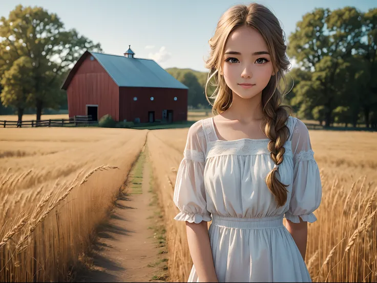 1girll, 20 years old, Tall and charming, Wear a cute country dress, hair braids, standing in a rustic farm setting. She has a soft, gentle smile and expressive eyes. The background is a charming barn, Golden wheat fields and clear blue sky. The composition...