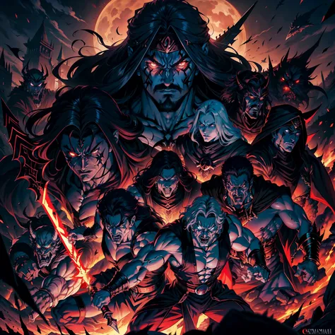 Castlevania Hyper Realistic Shadow Lord Super Detailed Dynamic Plan Master Piece of Multiple Arabs Warriors 10Arab Medieval with Red Turban Scary Face Hokuto No Ken Structure Muscular Face Kenshiro Leading Troops Army of Demons to Fight Sharp Details Cinem...