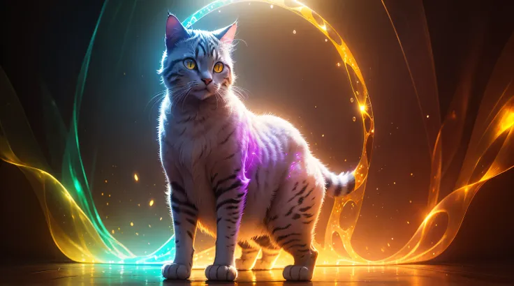 magnificent cat, its entire form bathed in a translucent glow of vibrant color, and its body adorned with complex, amber-like patterns of light.