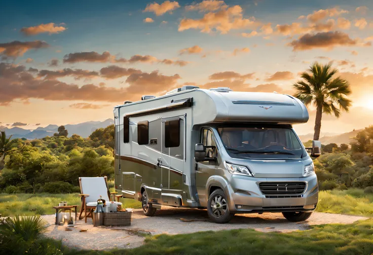 high resolution, masterpiece: 1.2, realistic, ultra-detailed, artistic, 4k, photorealistic, professional, sharp focus, physically based rendering, beautifully composed Motorhome, luxurious, modern, spacious and comfortable, exterior with elegant design, sa...