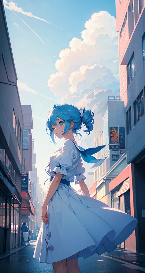 masterpiece, best quality, movie still, 1girl, on the street, cloud girl, cloud, (close-up:1.1), bright, happy, fun, soft lighting, (shapes, lines, anime stile :1.1)