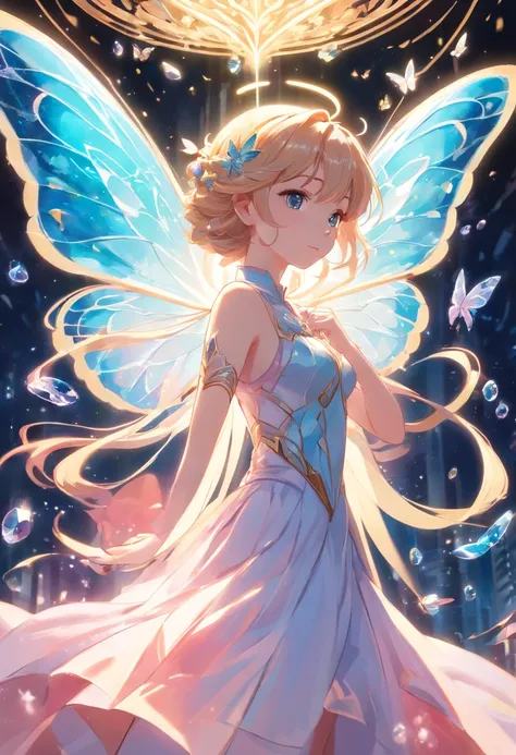 Holy Light Butterfly Angel Girl，Butterfly wings，Chest shooting(mcu)，in the style of rococo pastel hues，light white and light red，Incredibly beautiful，SakuraNS，sparkling water reflections，combine，Flowing，hyper realisitc，painting of a，aethereal，Elsa Burda，st...