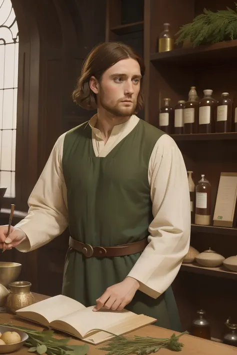 Year: 11th century. Location: London. Pre-raphaelite scene with a 31-year-old english man, physician, buying herbs in a drugstore, ((((11th century plain tunic)))) ((11th century hairstyle)), (((cinematic style)))