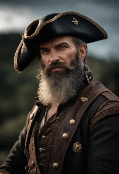 "Pirate captain, weathered face, piercing eyes, intricate facial tattoos, rugged beard::1 dramatic lighting, detailed textures, authentic pirate attire::0.9 photorealism, intense character study, high-quality rendering::0.8"