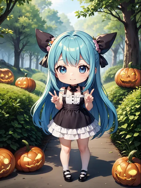 Chibichara　Halloween Landscape(a picture)　long hair with blue hair((Chibi Chara))、A charming smile、Fluffy、girl with、Chibi Chara、Friends of the Forest、full body Esbian、Pastel colors hair、masutepiece、top-quality、