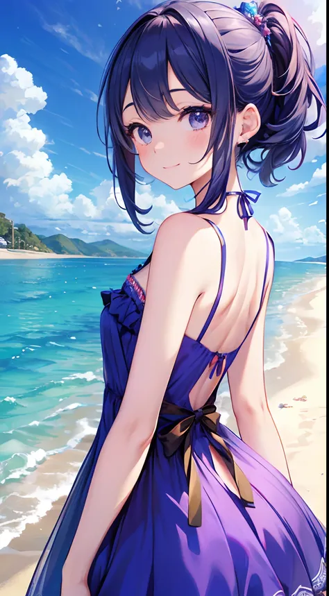 absurderes,(​masterpiece、top-quality、8K ),intricate detailes,ultra-detailliert、1 girl in、A smile、(Summer dress with open back :1.4),Looking back、Seaside Road、Summer sky、Sunburn marks、Hyper realistic,Perfect Anatomy, big but