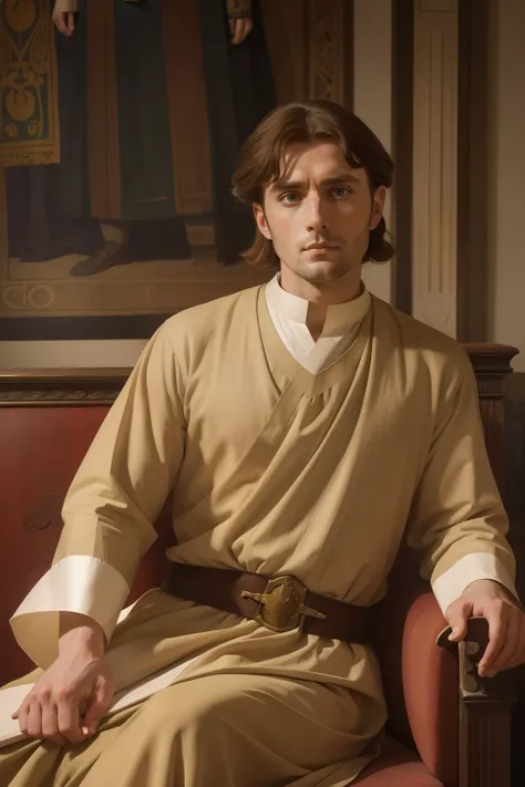 Year: 11th century. Location: London. Pre-raphaelite scene with a 31-year-old english man, physician, debate, audience, ((((11th century plain tunic)))) ((11th century hairstyle)), (((cinematic style)))