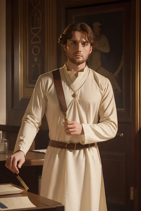 Year: 11th century. Location: London. Pre-raphaelite scene with a 31-year-old english man, physician, debate, audience, ((((11th century plain tunic)))) ((11th century hairstyle)), (((cinematic style)))