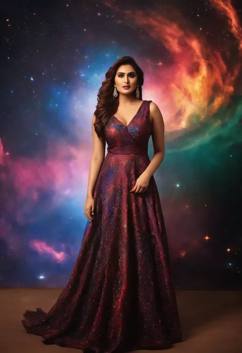 A hot and sexy Huma qureshi wearing an elegant gown with a swirling galaxy print. she can be standing against a backdrop of star