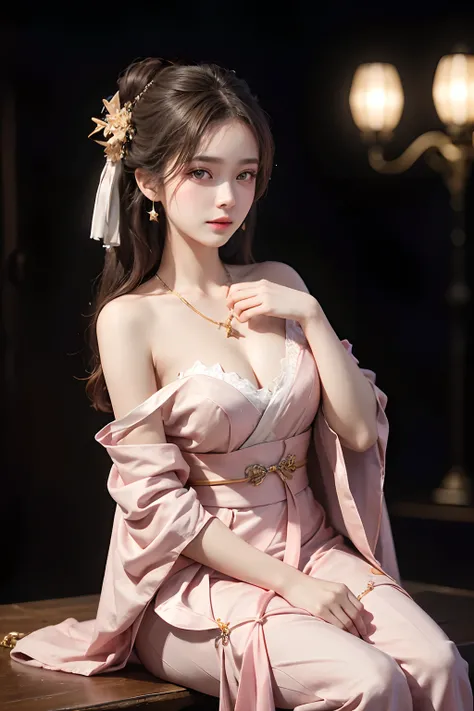 Best quality, Masterpiece, A high resolution, 1girll,Blush,(Seductive smile:0.8),Star-shaped pupils,China Hanfu,hair adornments,necklace, jewelry,Beautiful face,after sexing_Body, Tyndall effect,Photorealistic, Dark Studio, rim lit, twotonelighting,(highde...