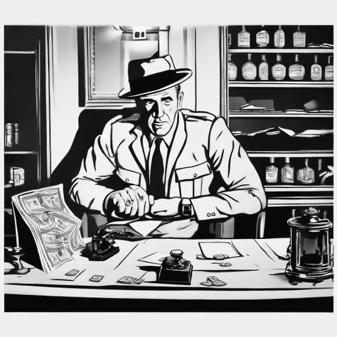 (best quality,4k,8k,highres,masterpiece:1.2),ultra-detailed,(realistic,photorealistic,photo-realistic:1.37),1950 bank robber,inside a bank,holding a big gun,old-style bank,wooden counter,art deco architecture,brass chandeliers,masked face,sharp suit,black ...