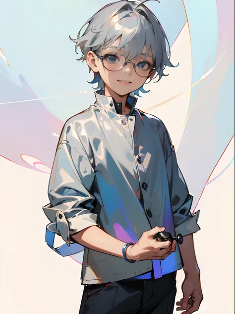 (Male child, eye glasses,A smile, silber hair，cowboy  shot),(((​masterpiece)))、(((top-quality)))、((ultra-definition))、(High Definition CG Illustration)、((extremely delicate and beautiful)),Iridescent background