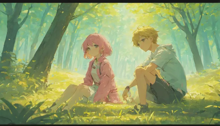 One Simple boy with a pink background trees & shiny sky sitting with a beautiful girl in bith characters in ai form