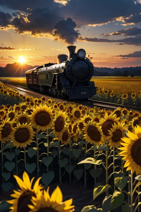 A train rides through a field of sunflowers in the rays of the setting sun, hyperrealistic picture, Sundown, train, Field of sunflowers, Sunflowers, natural lightin