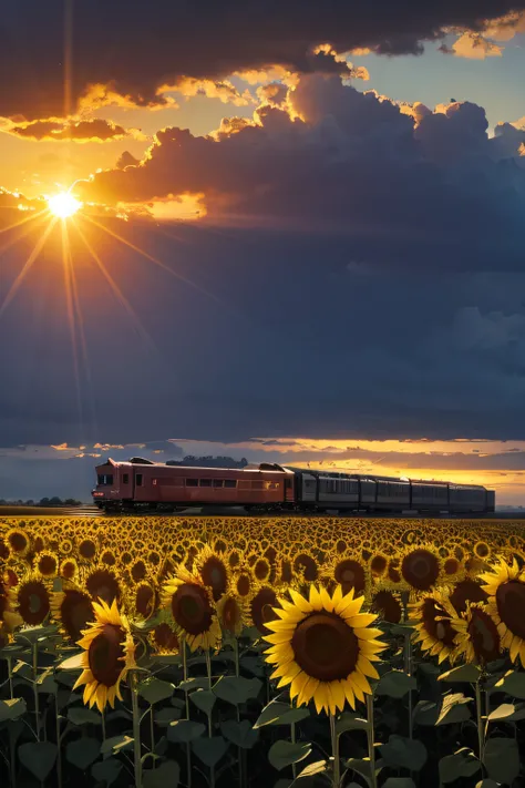 A train rides through a field of sunflowers in the rays of the setting sun, hyperrealistic picture, Sundown, train, Field of sunflowers, Sunflowers, natural lightin