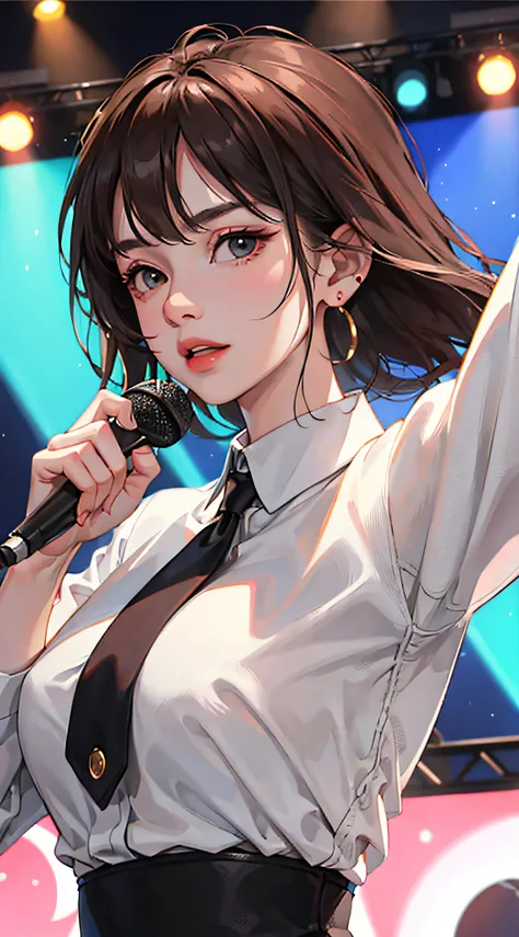 (Masterpiece:1.2, Best quality), (Realphotos, Crafted with meticulous precision), Solo, 1 milf, Home, On stage，holding a mic，close-up face, The shirt, (Front focus), large circle earrings, looking at me, By bangs